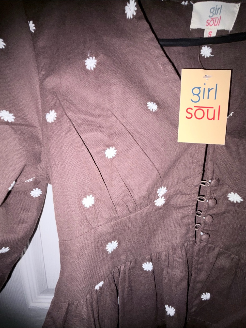 Brown Daisy-Print Peplum Blouse 100% Cotton - Picture 5 of 8